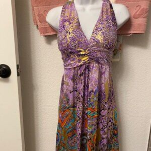 NEW Silky SEXY Unusual HALTER DRESS *PURPLE & GOLD Twisted back RUCHED WAIST* S